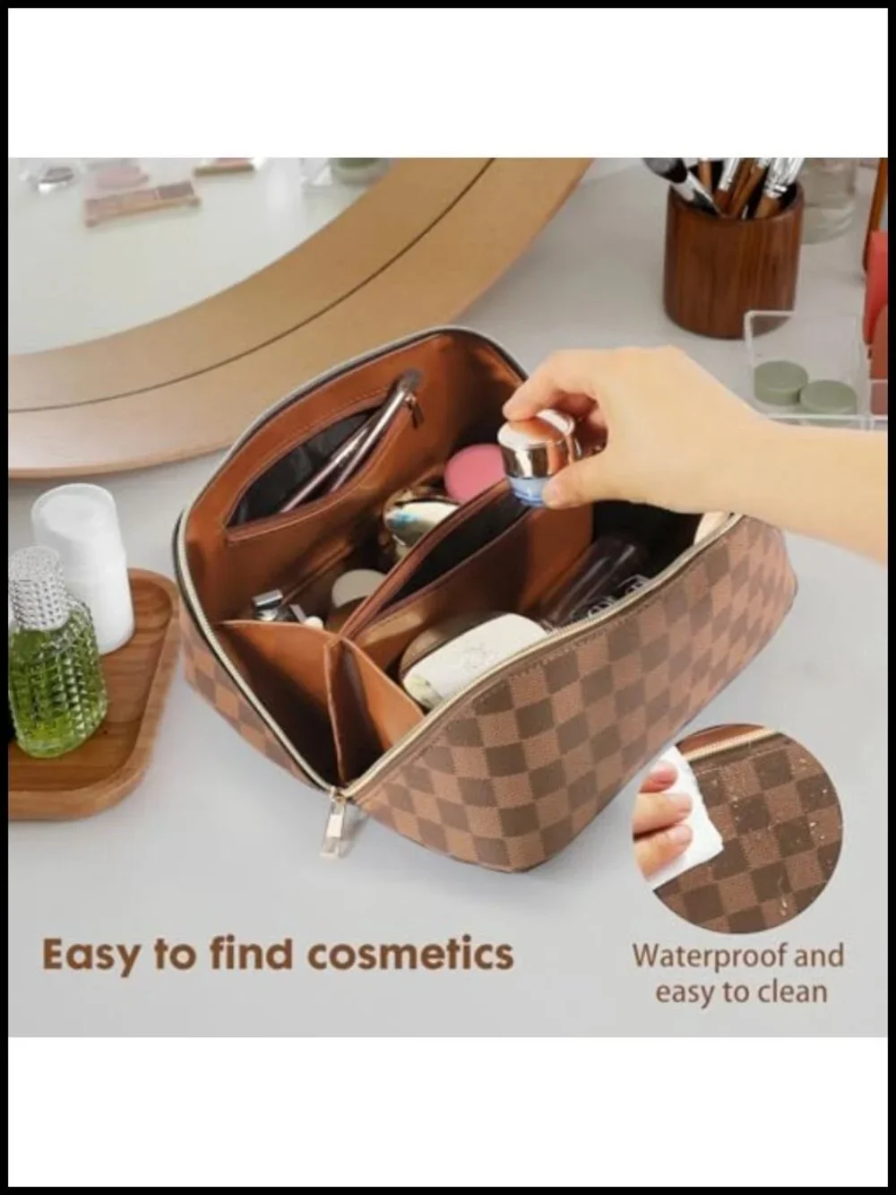Leather Travel Makeup Bag, Large Capacity Cosmetic Bag with Divider, Waterproof